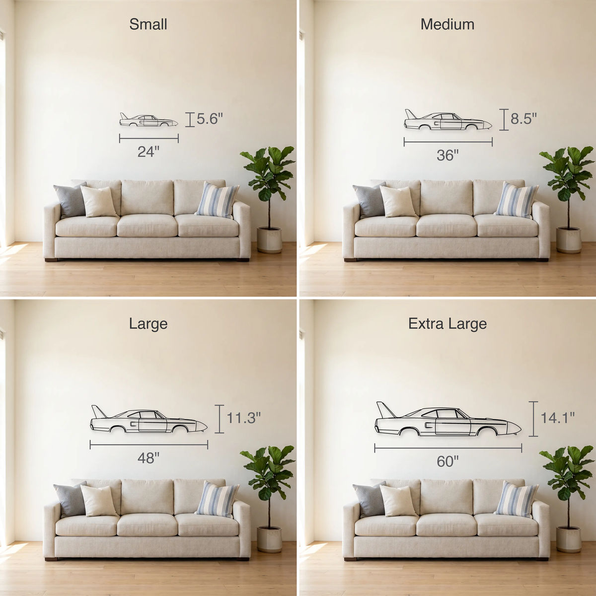 Plymouth Superbird size guide — all four sizes to scale