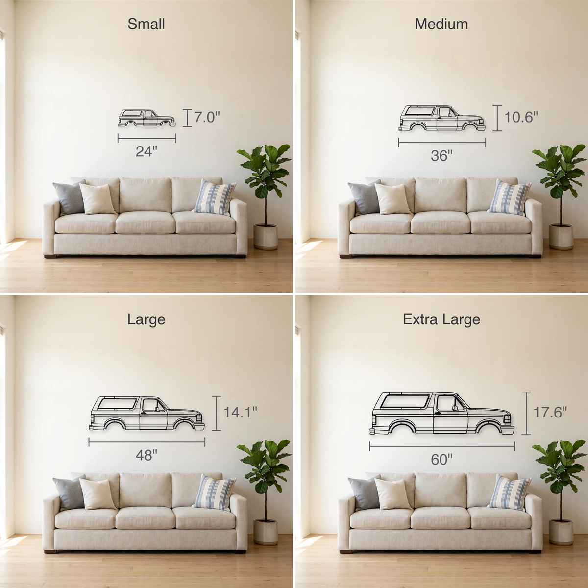 Ford Bronco Gen 5 size guide — all four sizes to scale
