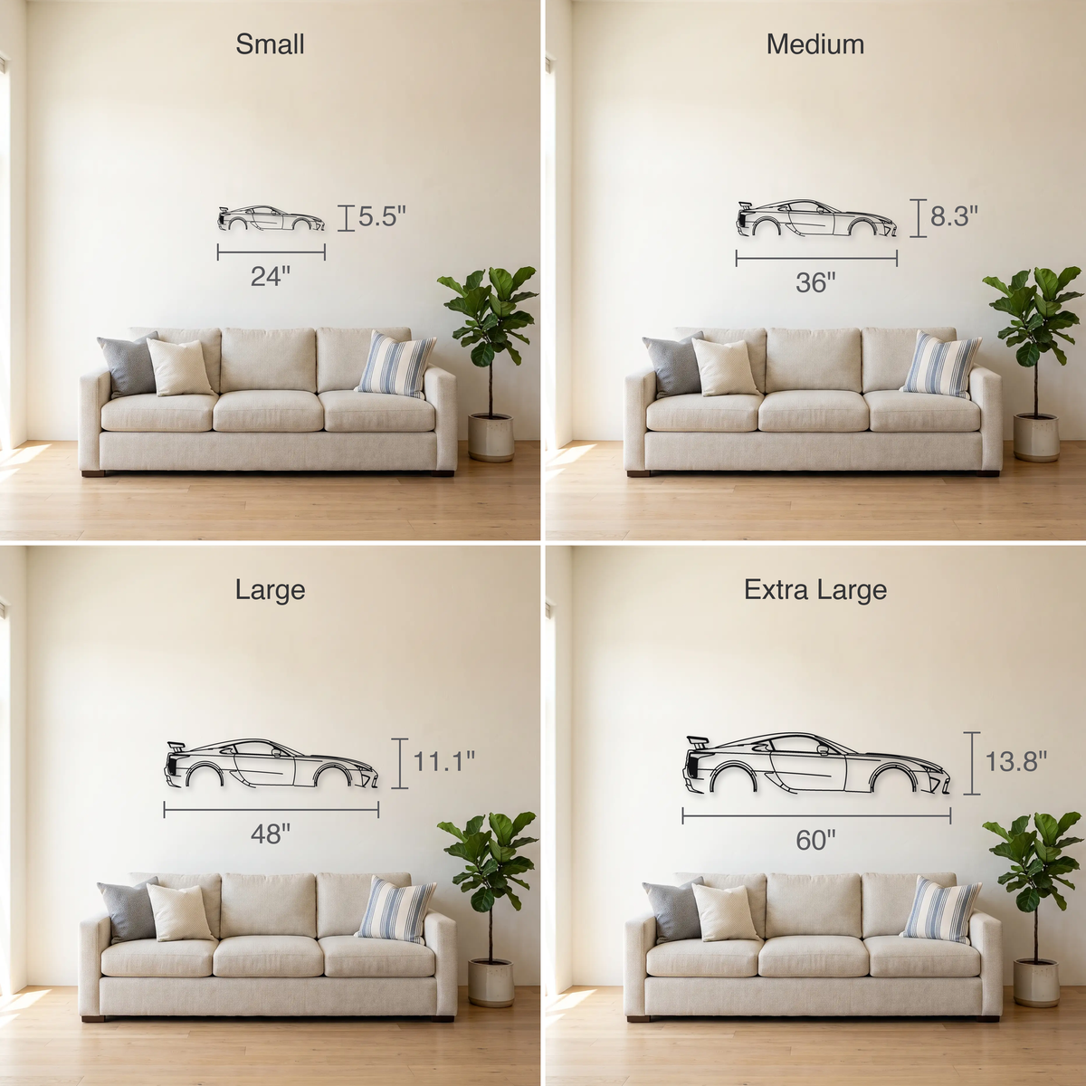 Lexus LFA Nürburgring Package size guide — all four sizes to scale