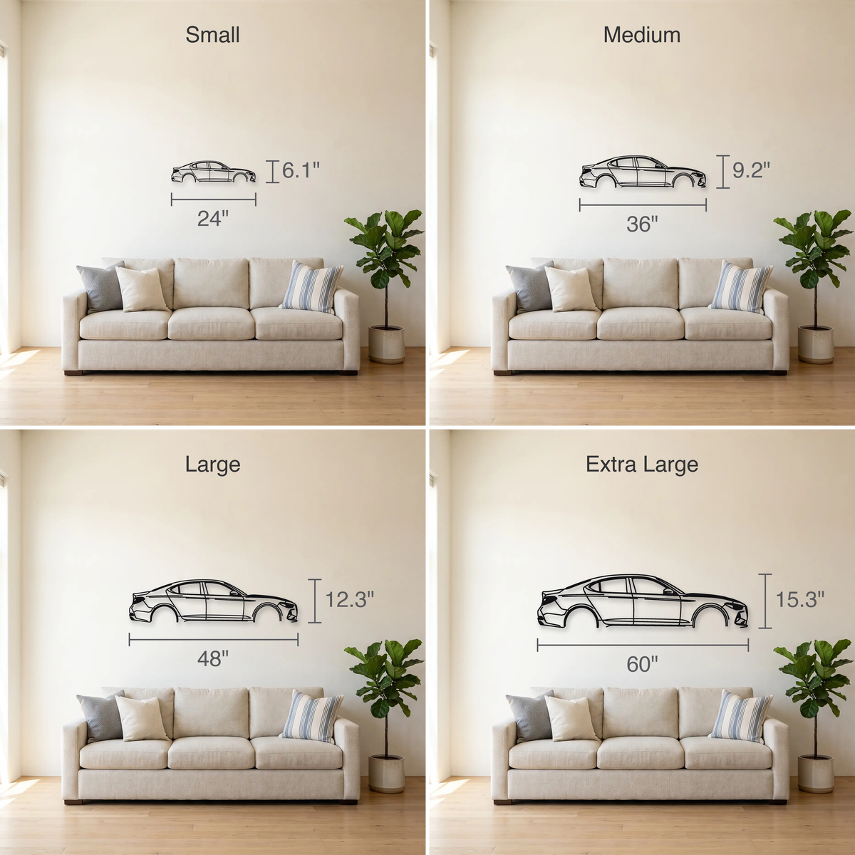 2019- Genesis G70 3.3T Sport IK size guide — all four sizes to scale