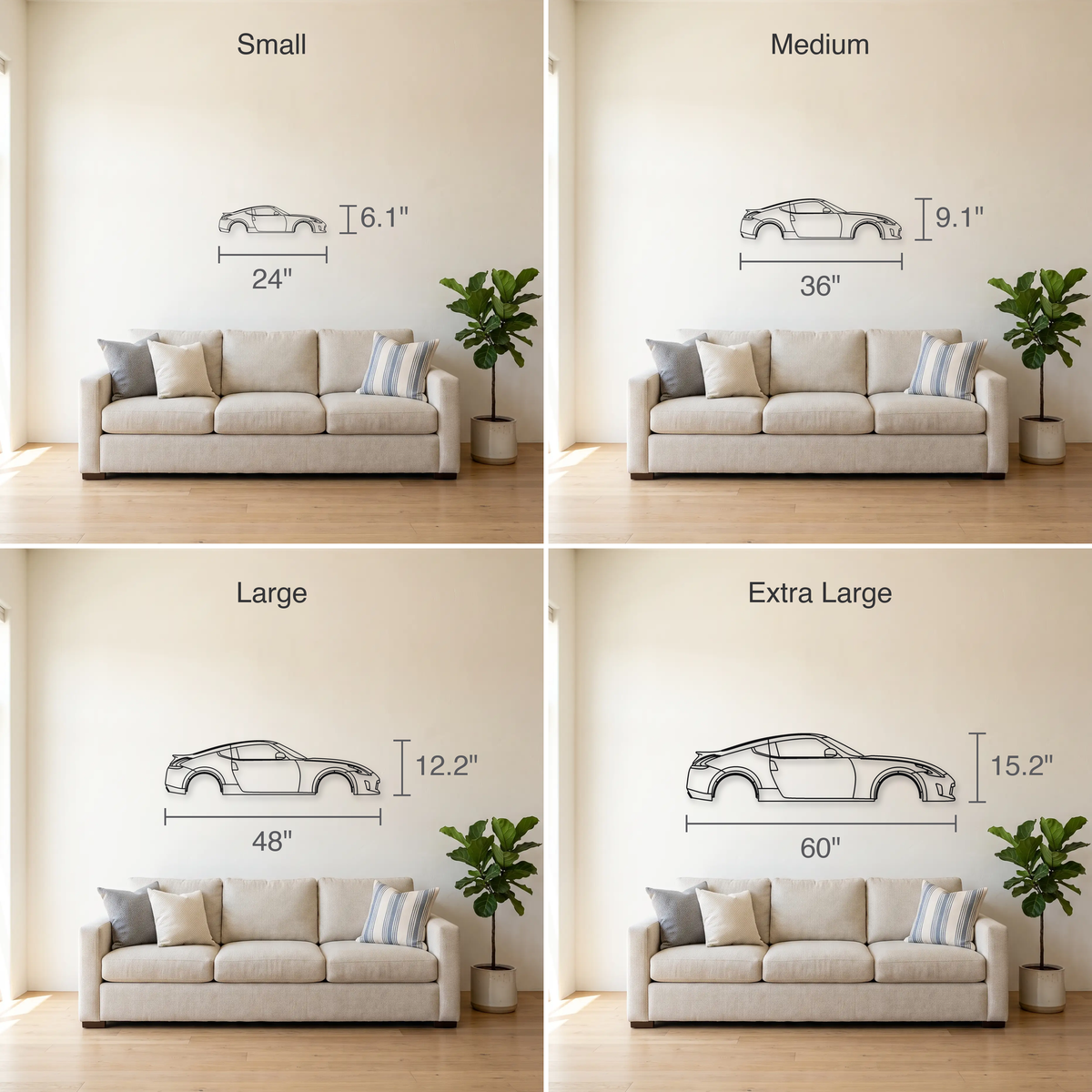 Nissan 370Z Z34 size guide — all four sizes to scale