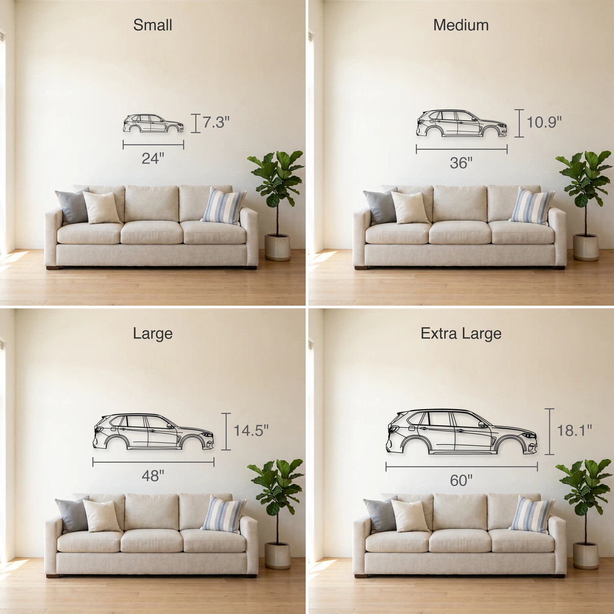 BMW X5M F85 size guide — all four sizes to scale