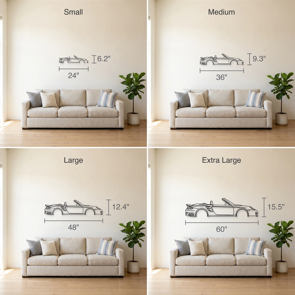 Porsche 911 Turbo Cabriolet 997.1 size guide — all four sizes to scale
