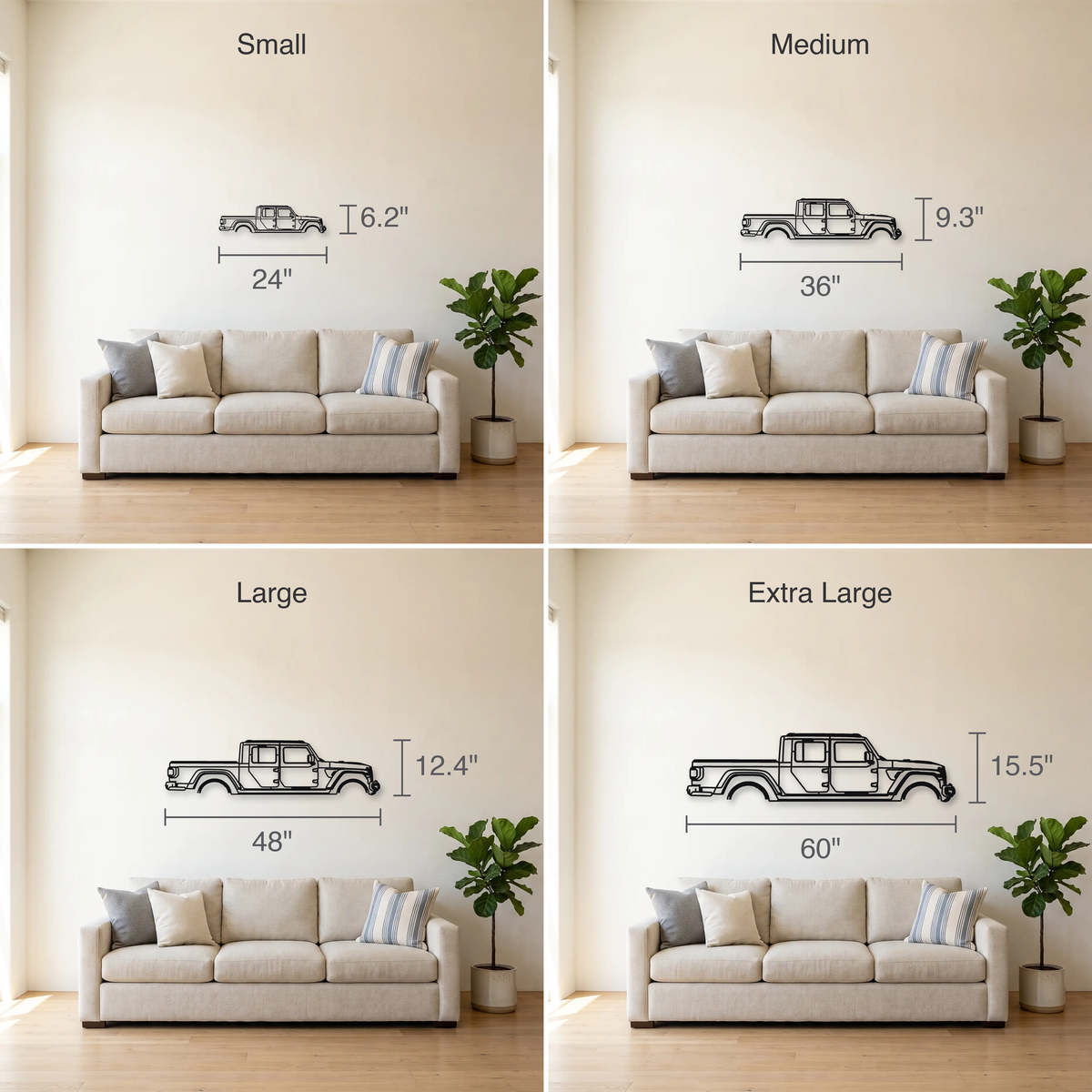 2020- Jeep Gladiator Mojave JT size guide — all four sizes to scale