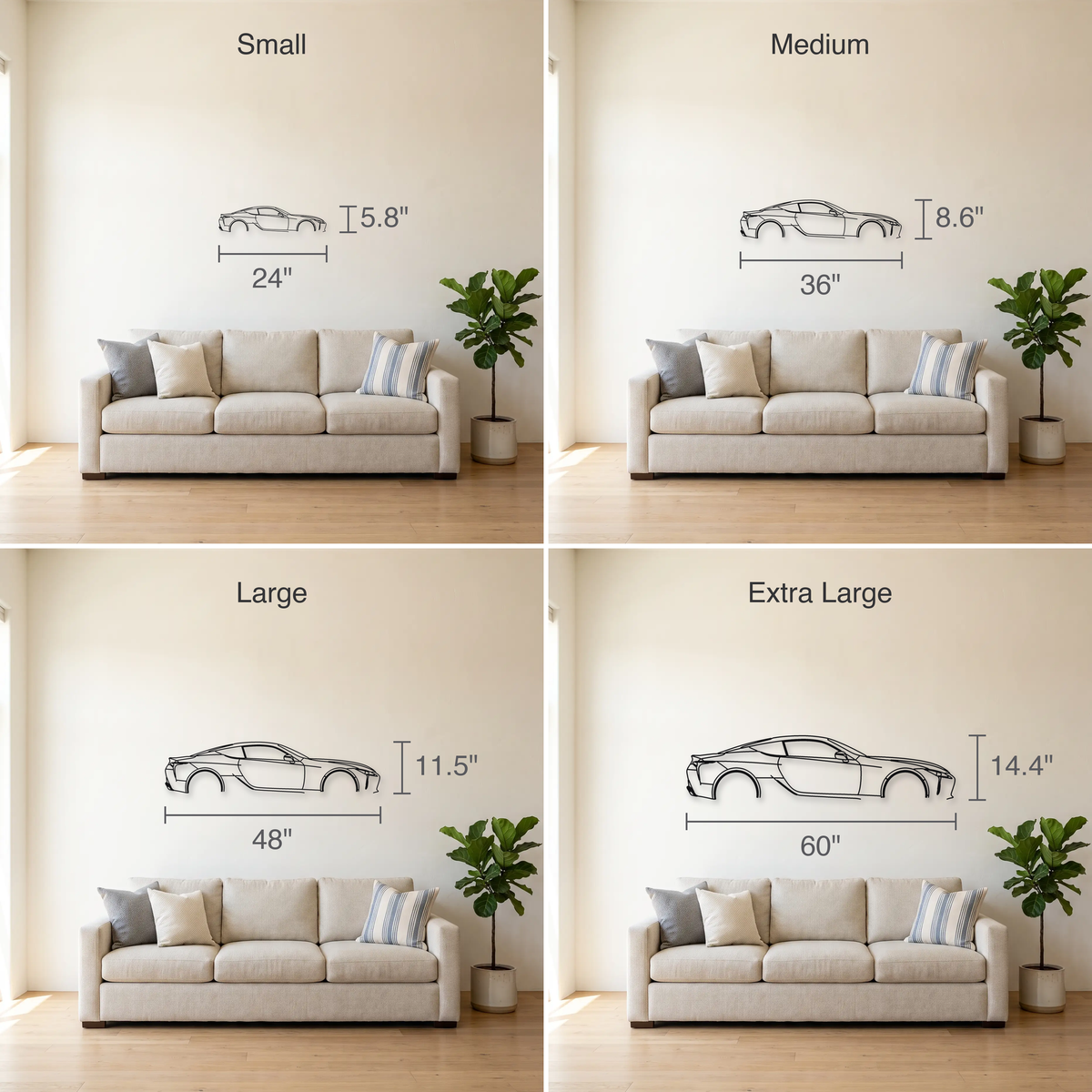 Lexus LC 500 size guide — all four sizes to scale