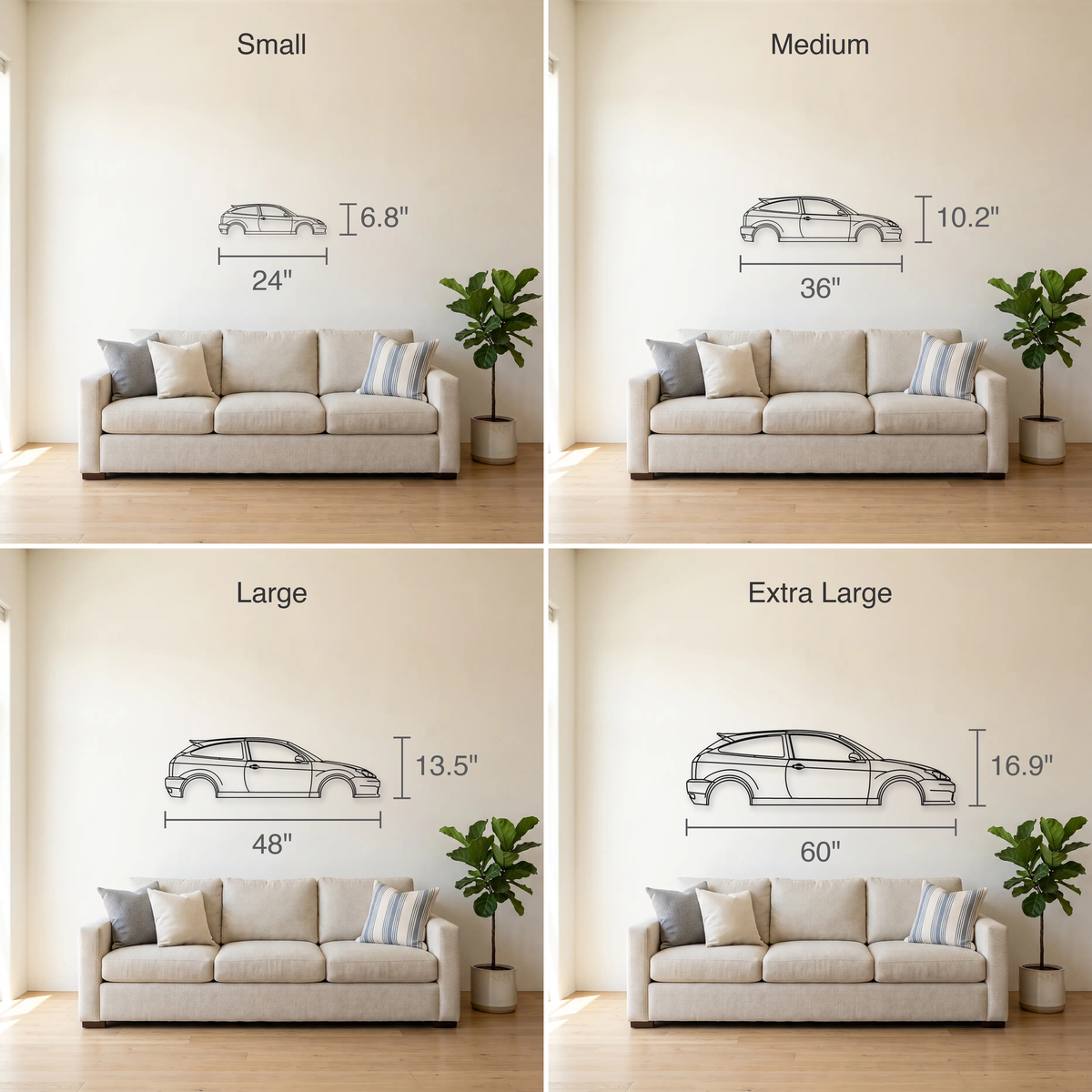Ford SVT Focus size guide — all four sizes to scale