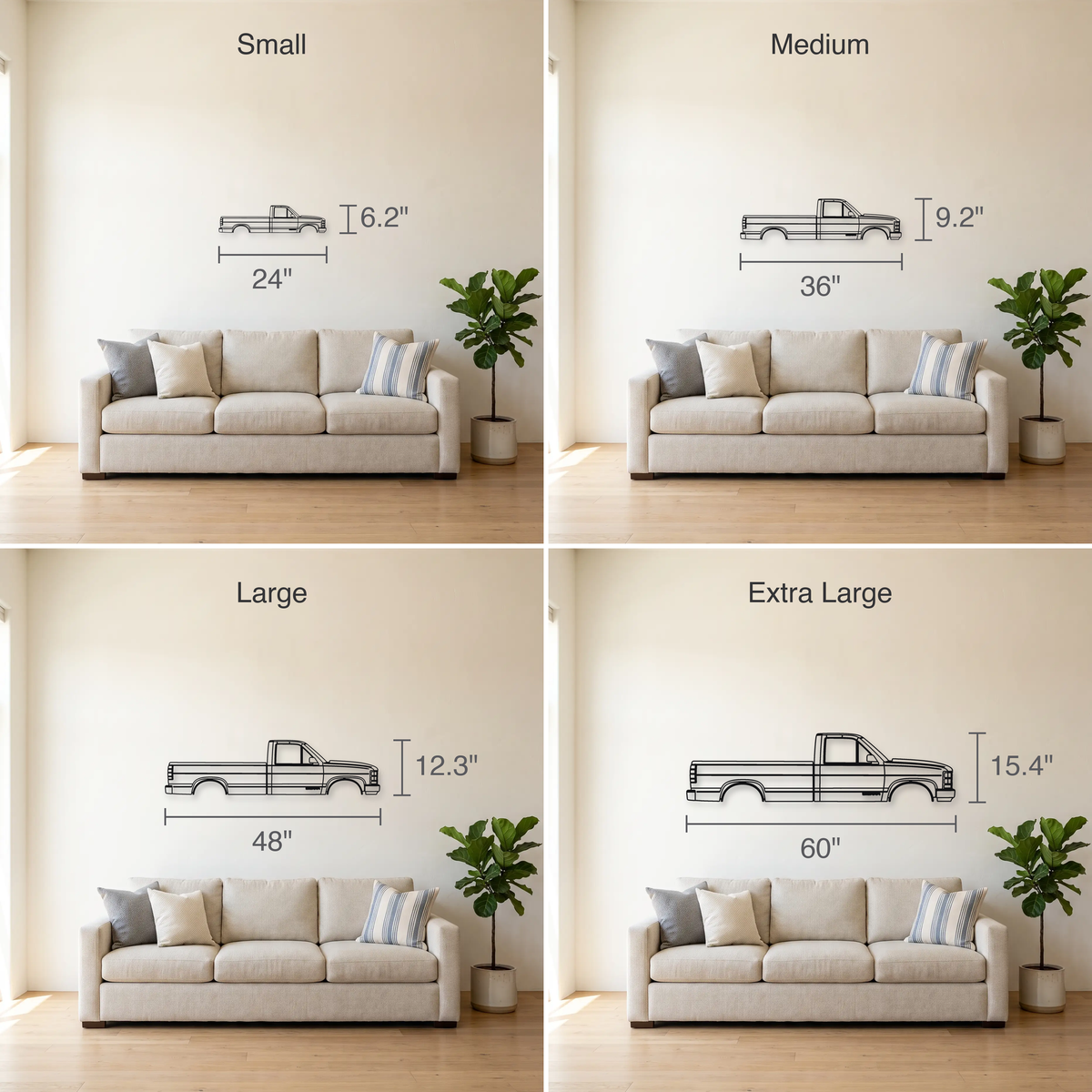 GMC Sierra K2XX size guide — all four sizes to scale