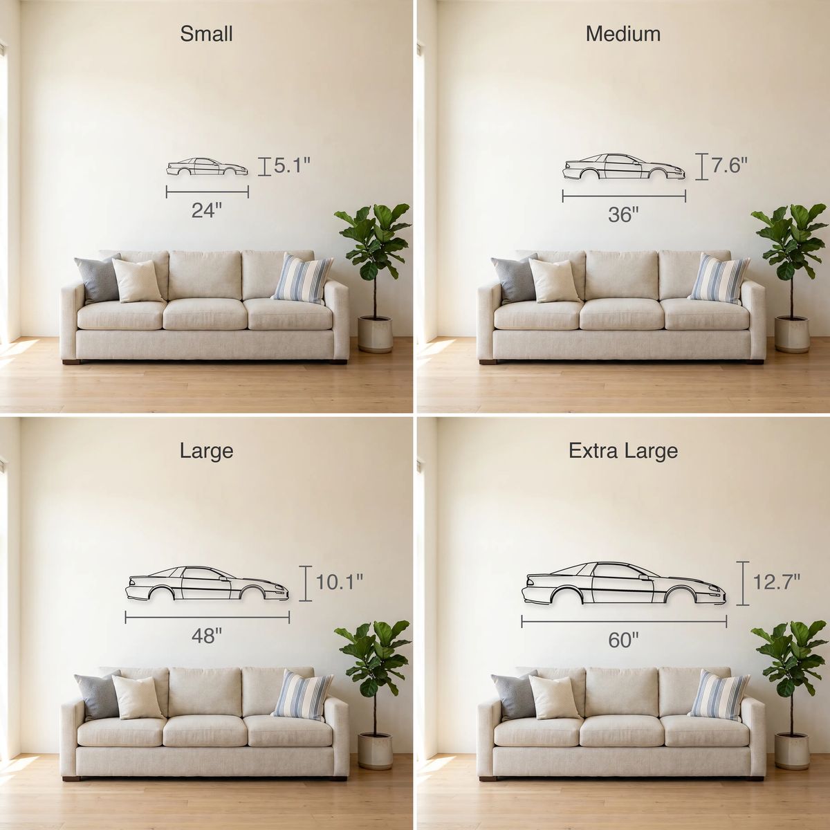 Chevrolet Camaro Z/28 / SS Gen 4 size guide — all four sizes to scale