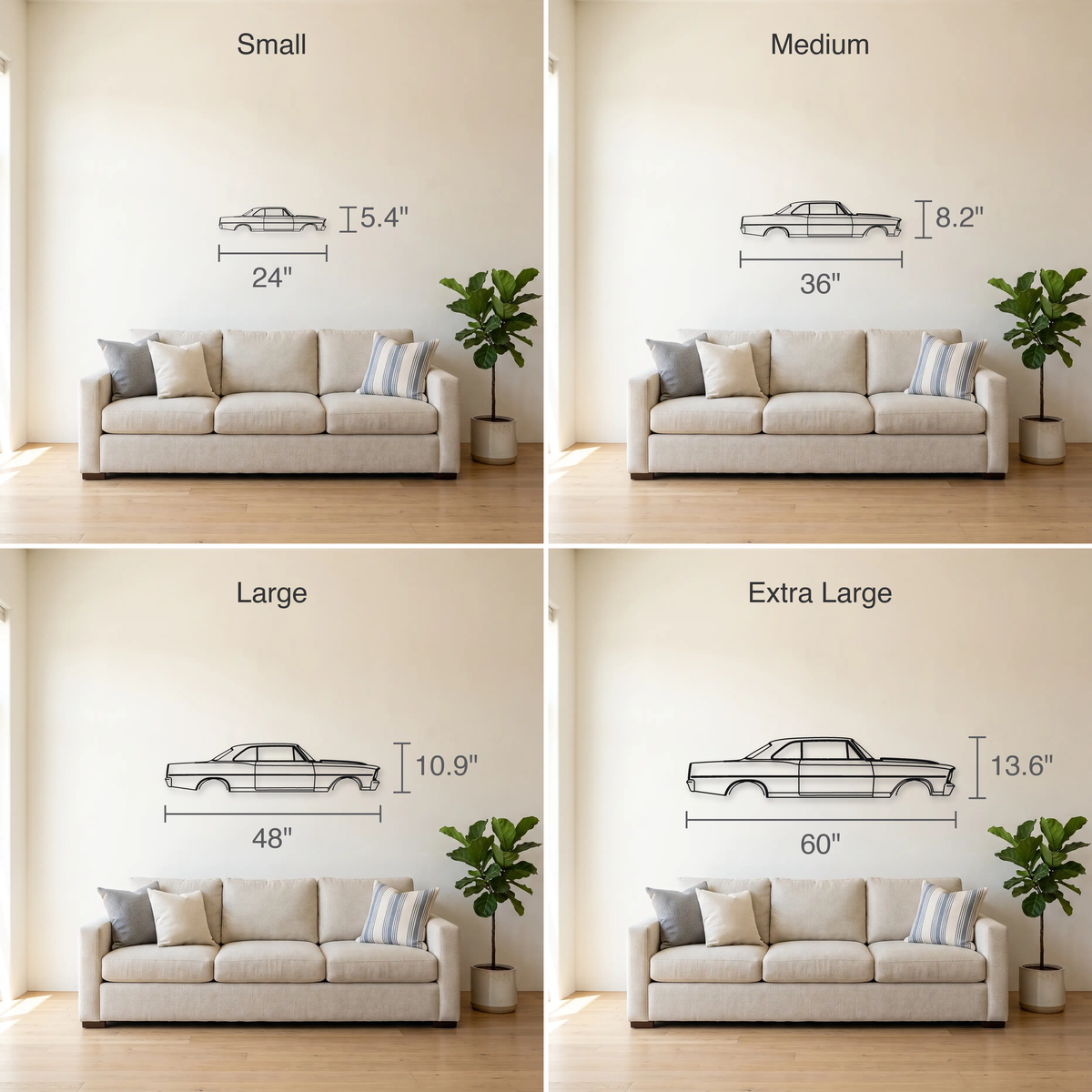 1966-1967 Chevrolet Nova SS size guide — all four sizes to scale