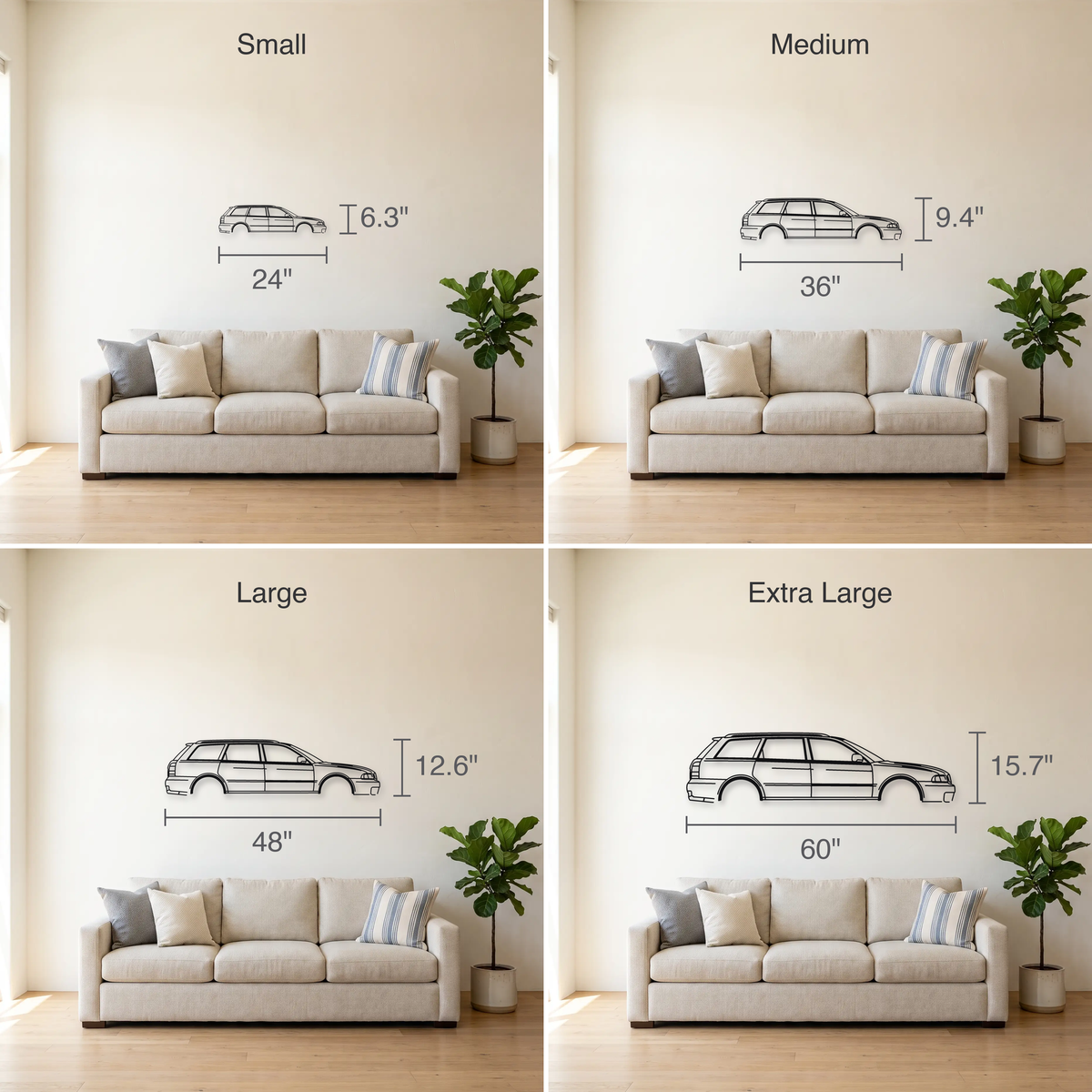 Audi RS4 Avant B5 size guide — all four sizes to scale