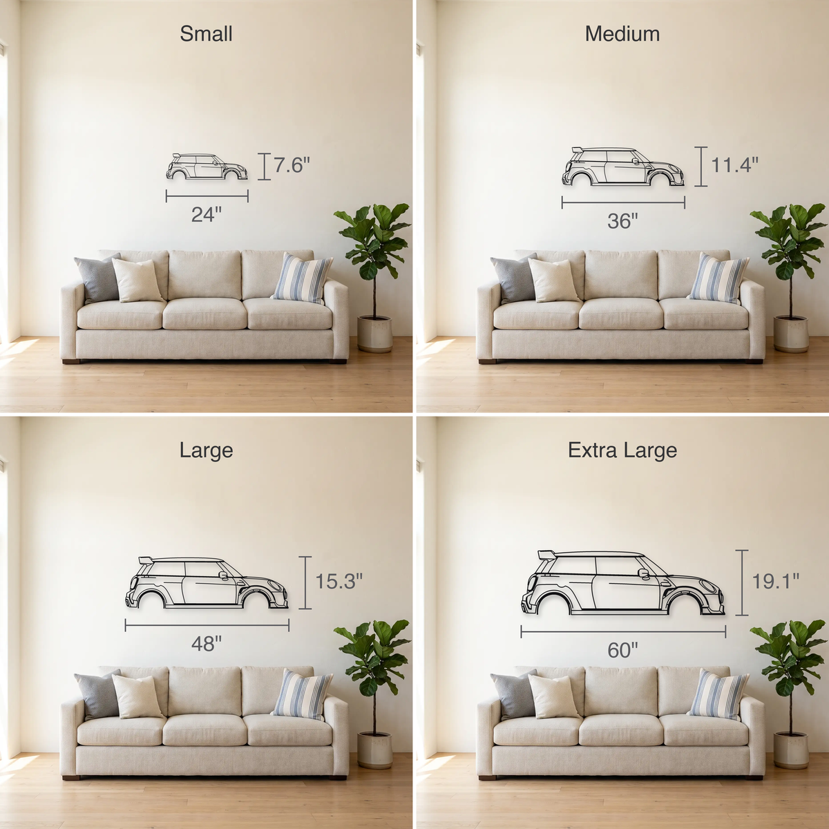 Mini John Cooper Works GP GP3 size guide — all four sizes to scale
