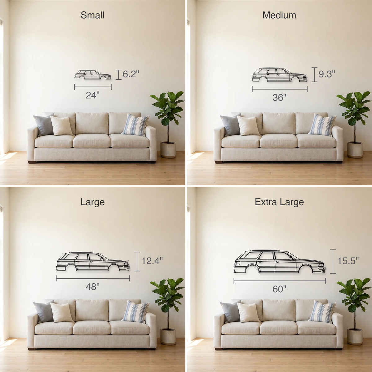 Audi RS2 Avant size guide — all four sizes to scale