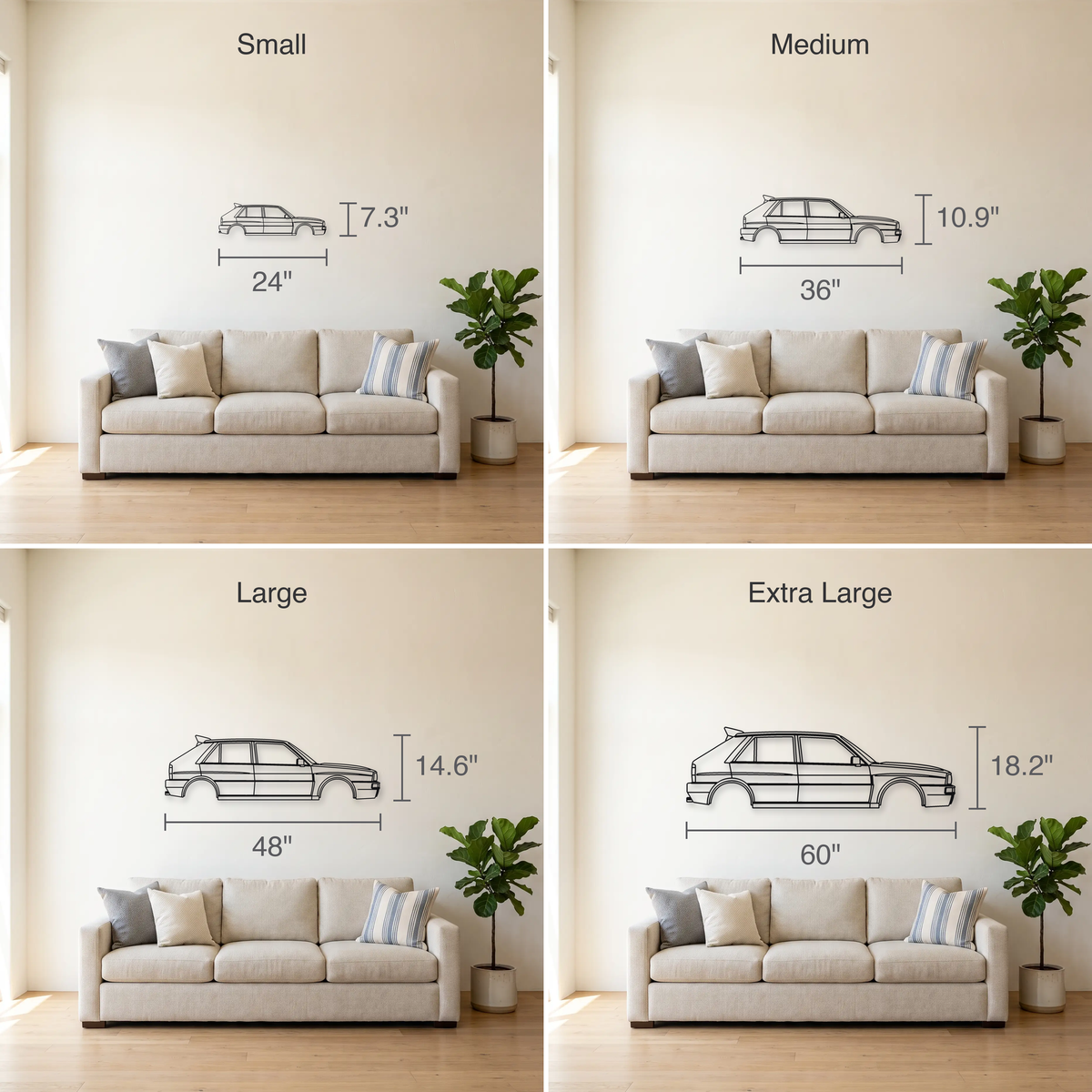Lancia Delta HF Integrale 16V size guide — all four sizes to scale