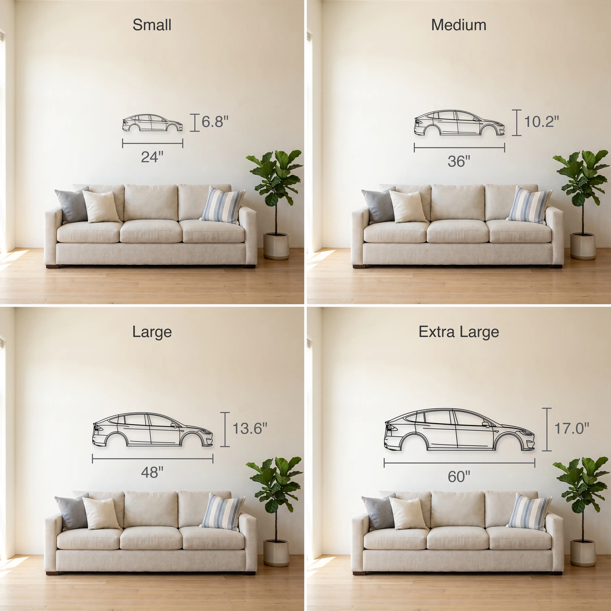 Tesla Model X Plaid size guide — all four sizes to scale