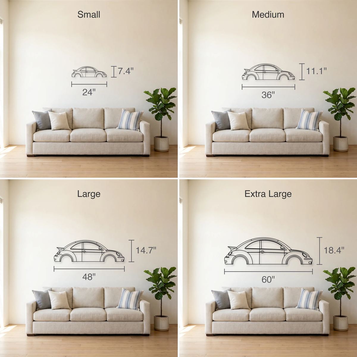 Volkswagen New Beetle RSi size guide — all four sizes to scale