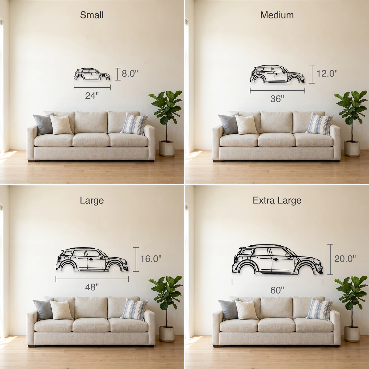 2017- Mini JCW Countryman F60/U25 size guide — all four sizes to scale