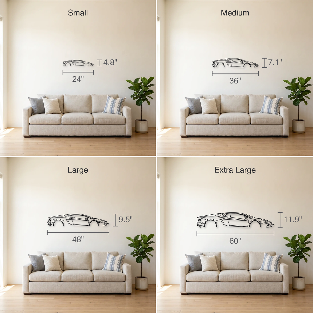 Lamborghini Aventador size guide — all four sizes to scale