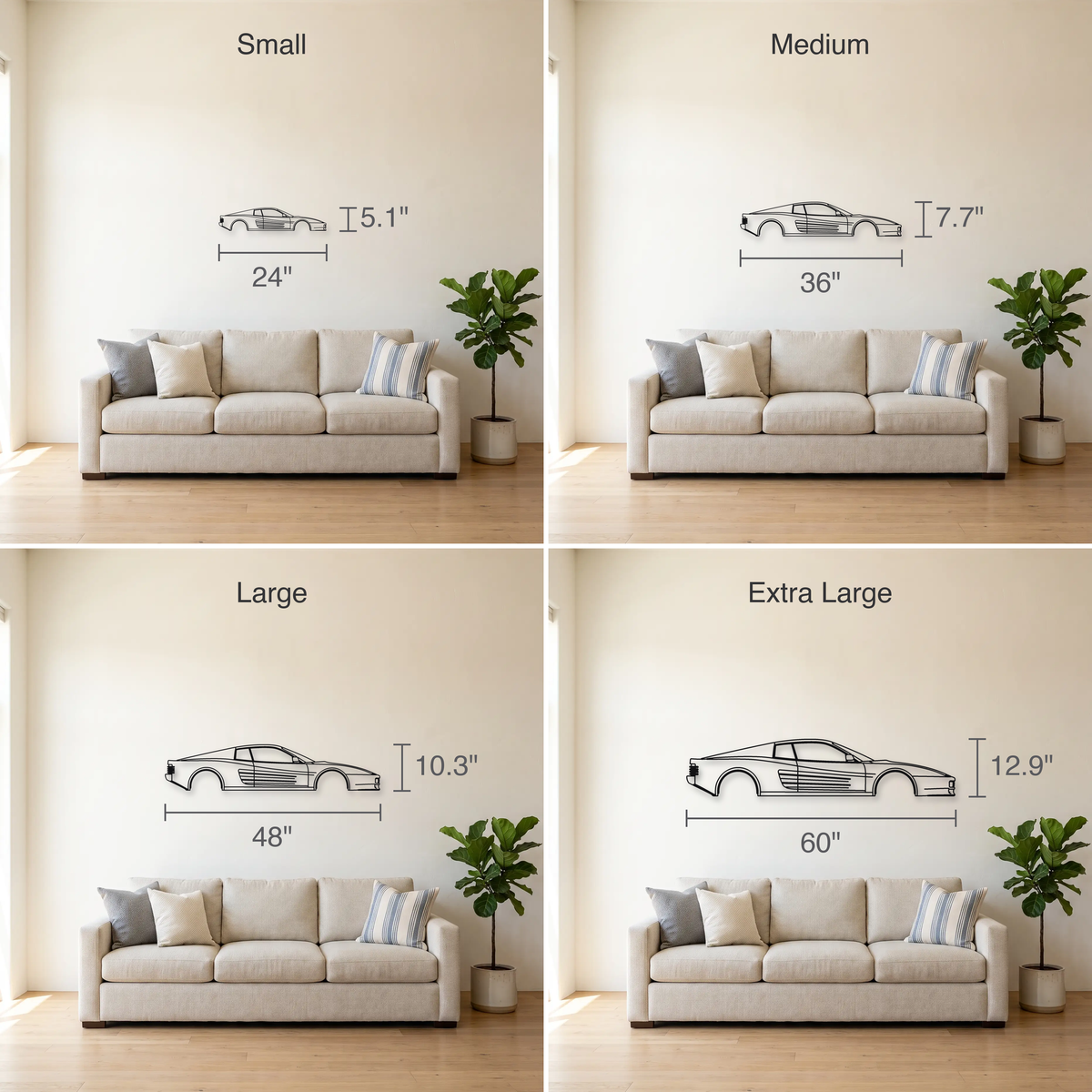 Ferrari F512 M size guide — all four sizes to scale