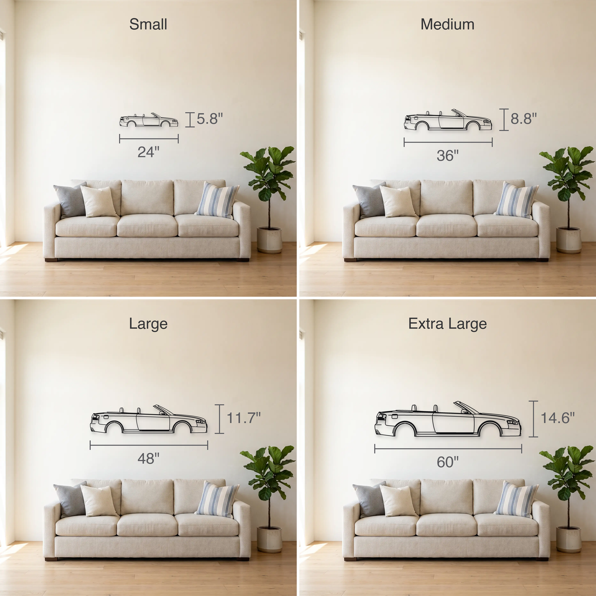 Audi RS4 Cabriolet B7 size guide — all four sizes to scale