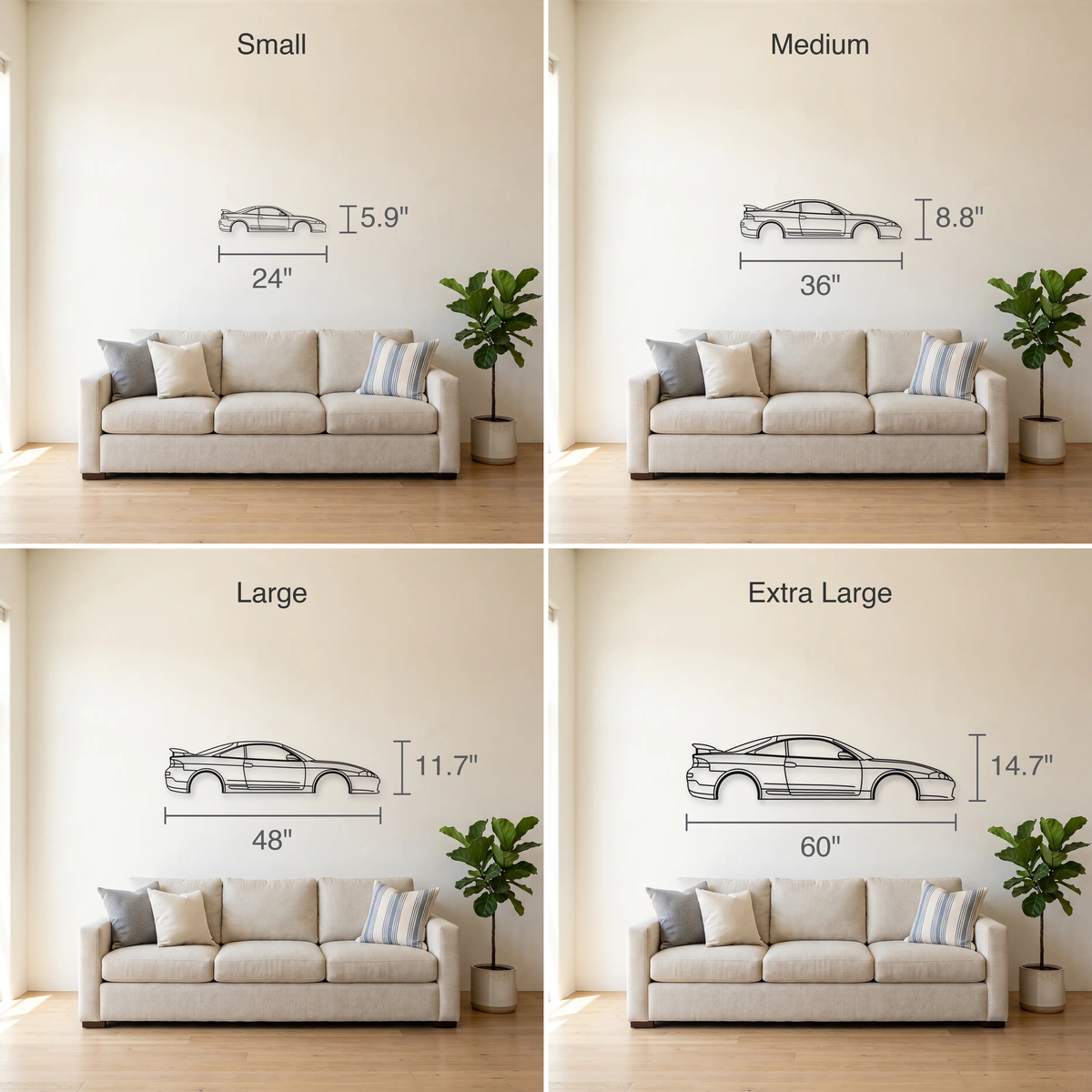 1995-1999 Mitsubishi Eclipse GSX 2G size guide — all four sizes to scale
