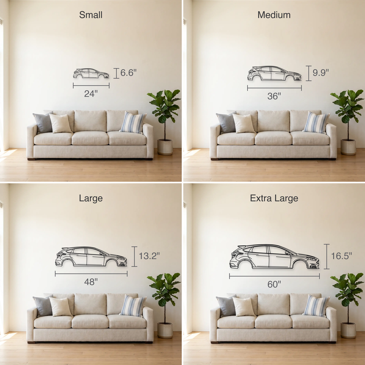 Ford Focus ST MK3 size guide — all four sizes to scale