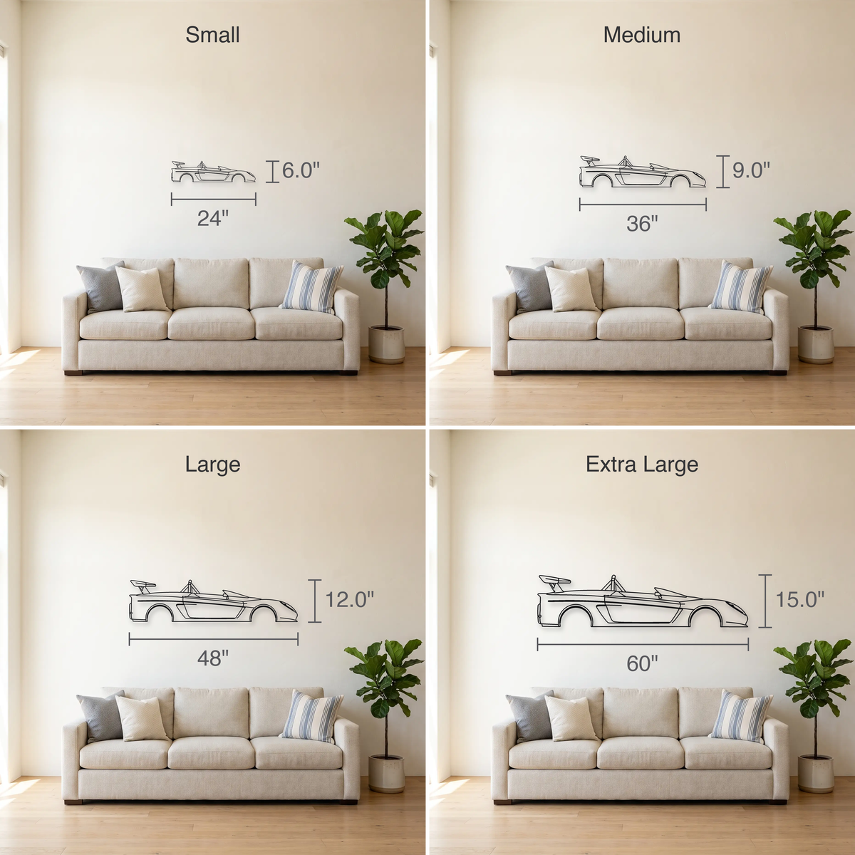 Lotus 2-Eleven size guide — all four sizes to scale