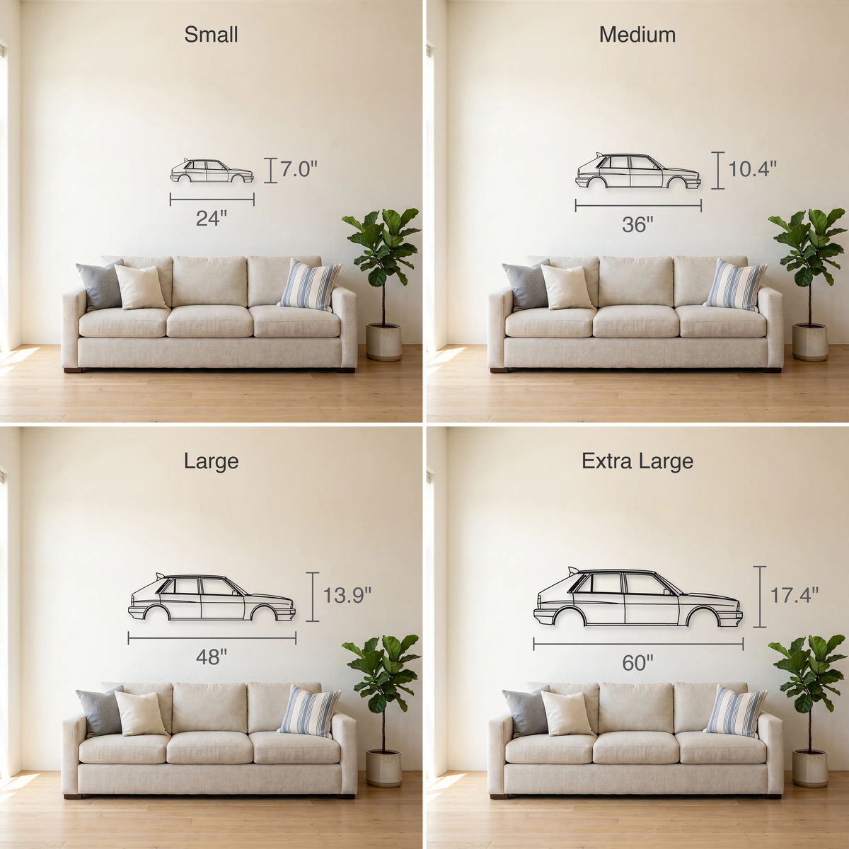 Lancia Delta HF Integrale Evoluzione I size guide — all four sizes to scale