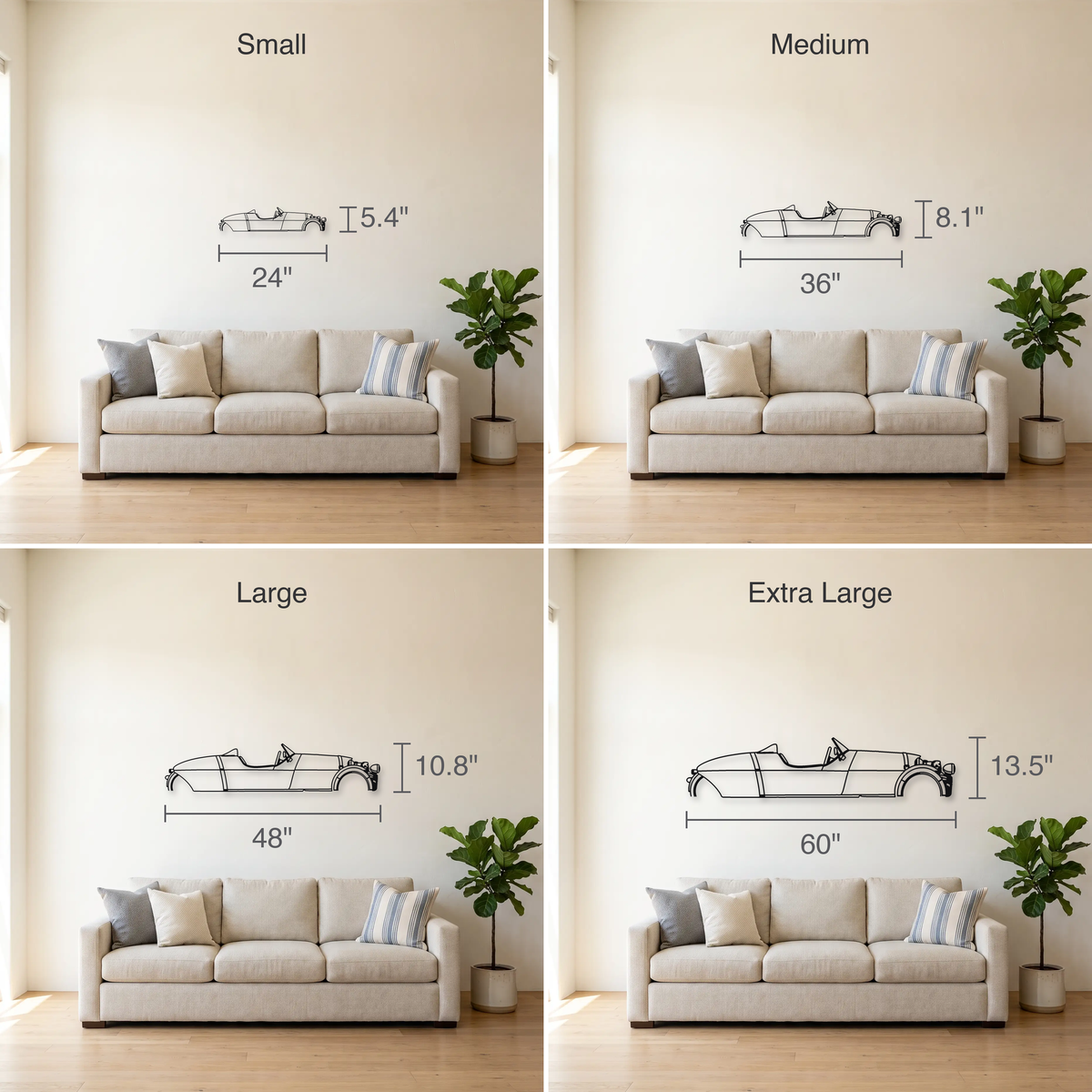 Morgan Super 3 size guide — all four sizes to scale