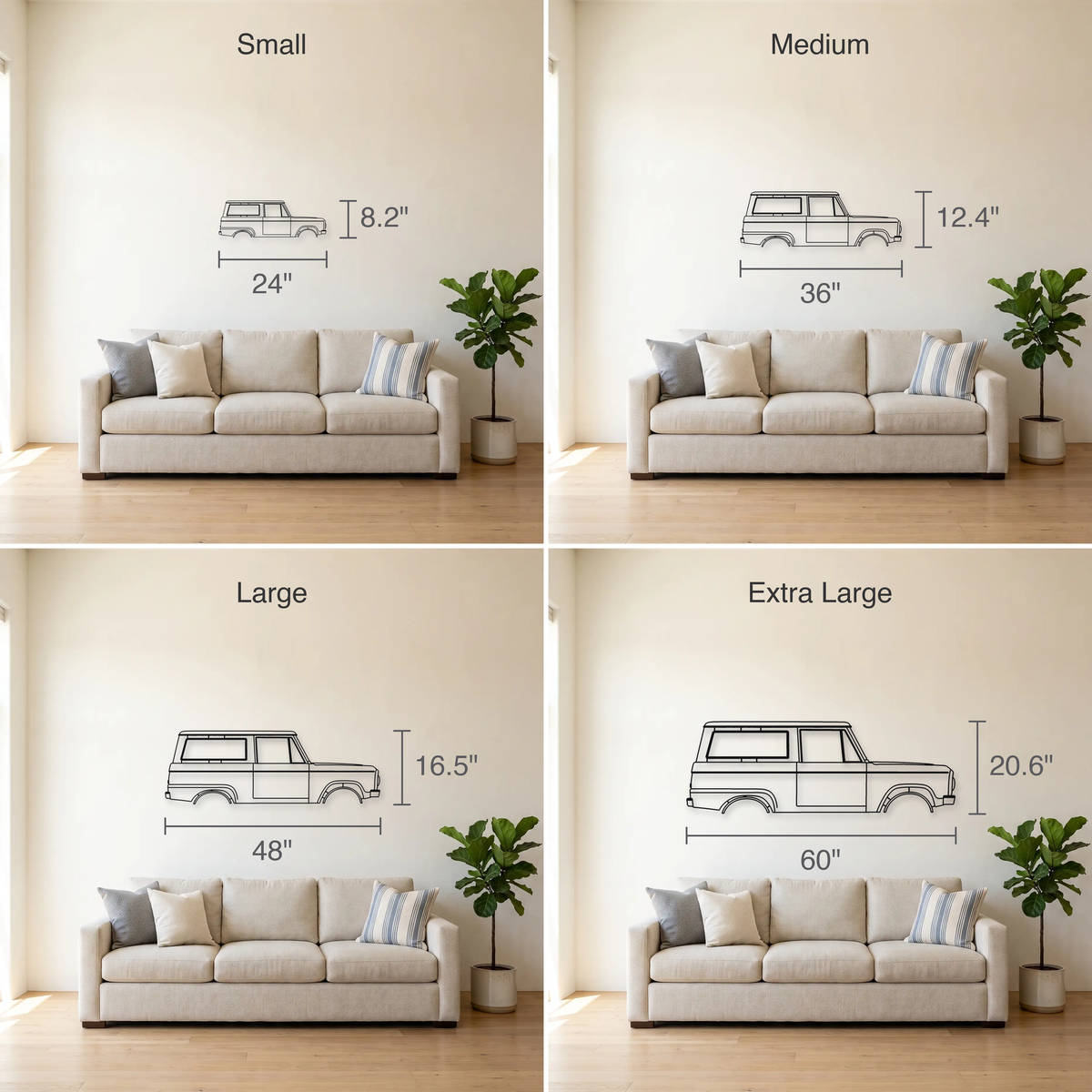 1966-1977 Ford Bronco size guide — all four sizes to scale