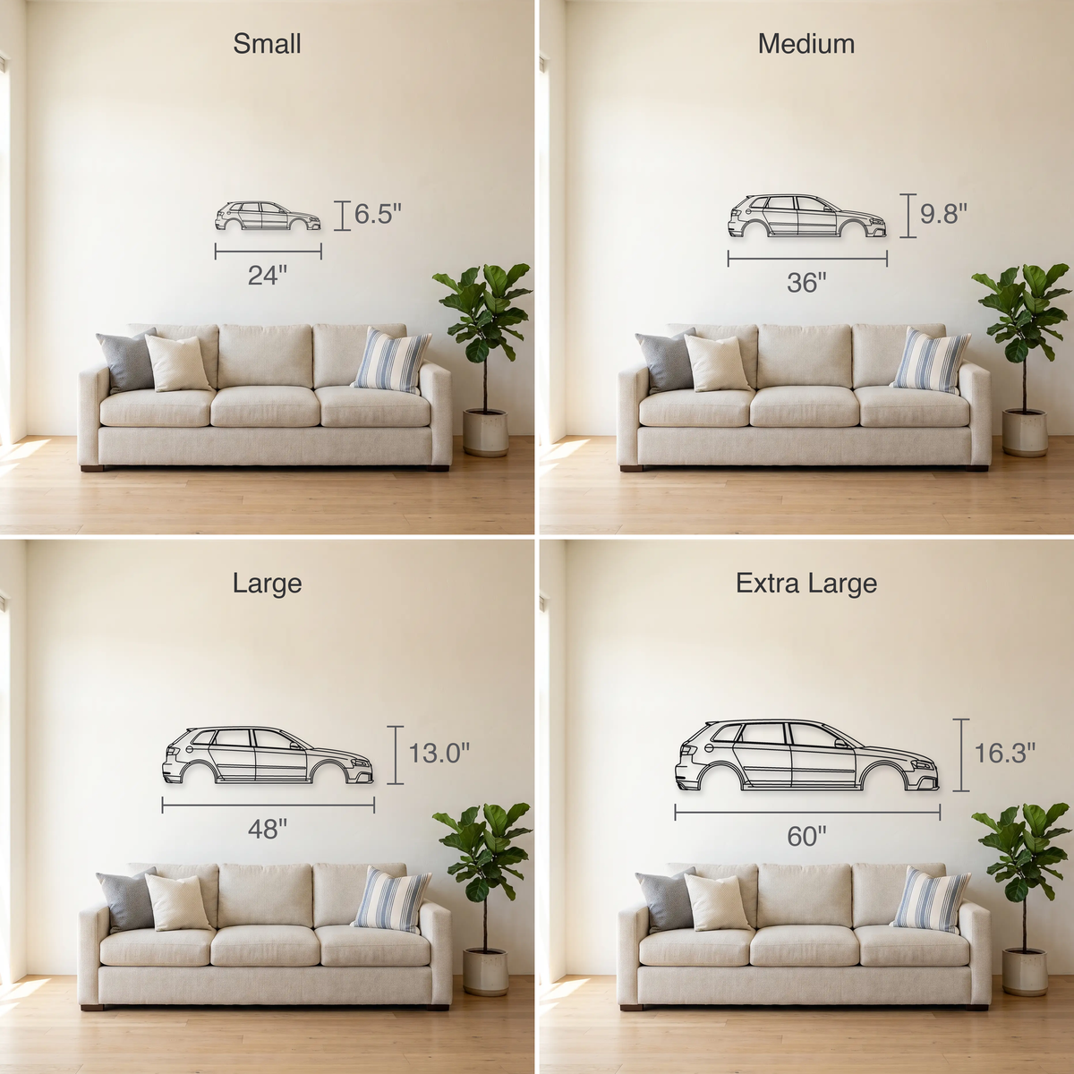 Audi RS3 Sportback 8P size guide — all four sizes to scale