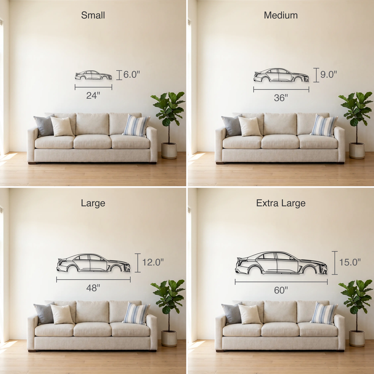 Cadillac CT4-V Blackwing size guide — all four sizes to scale