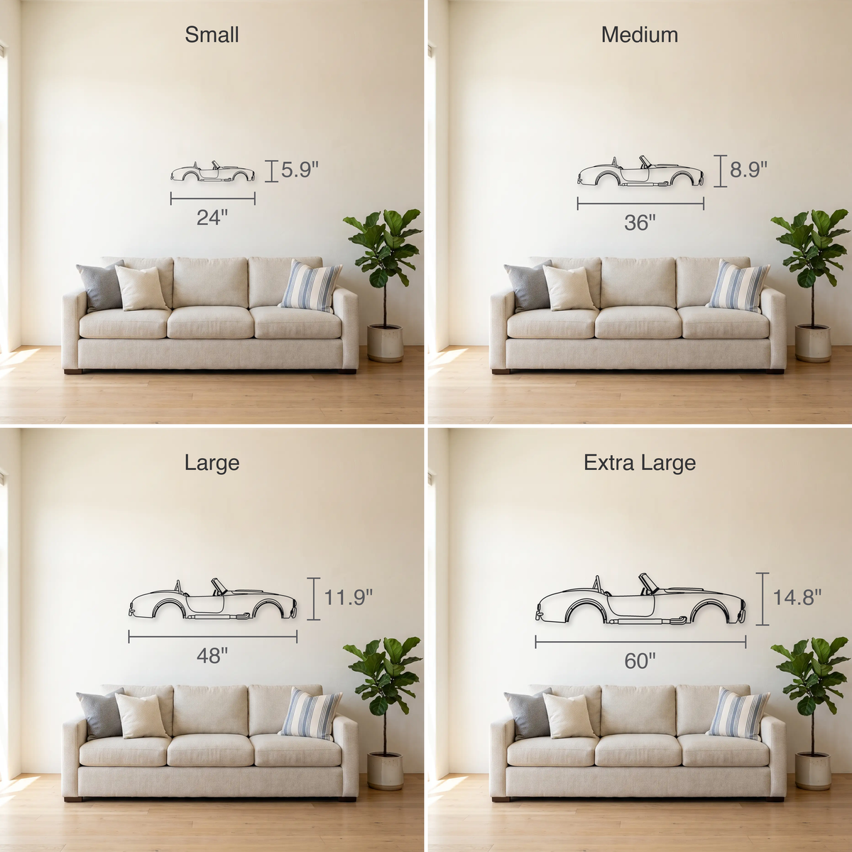 1965 Shelby Cobra 427 size guide — all four sizes to scale