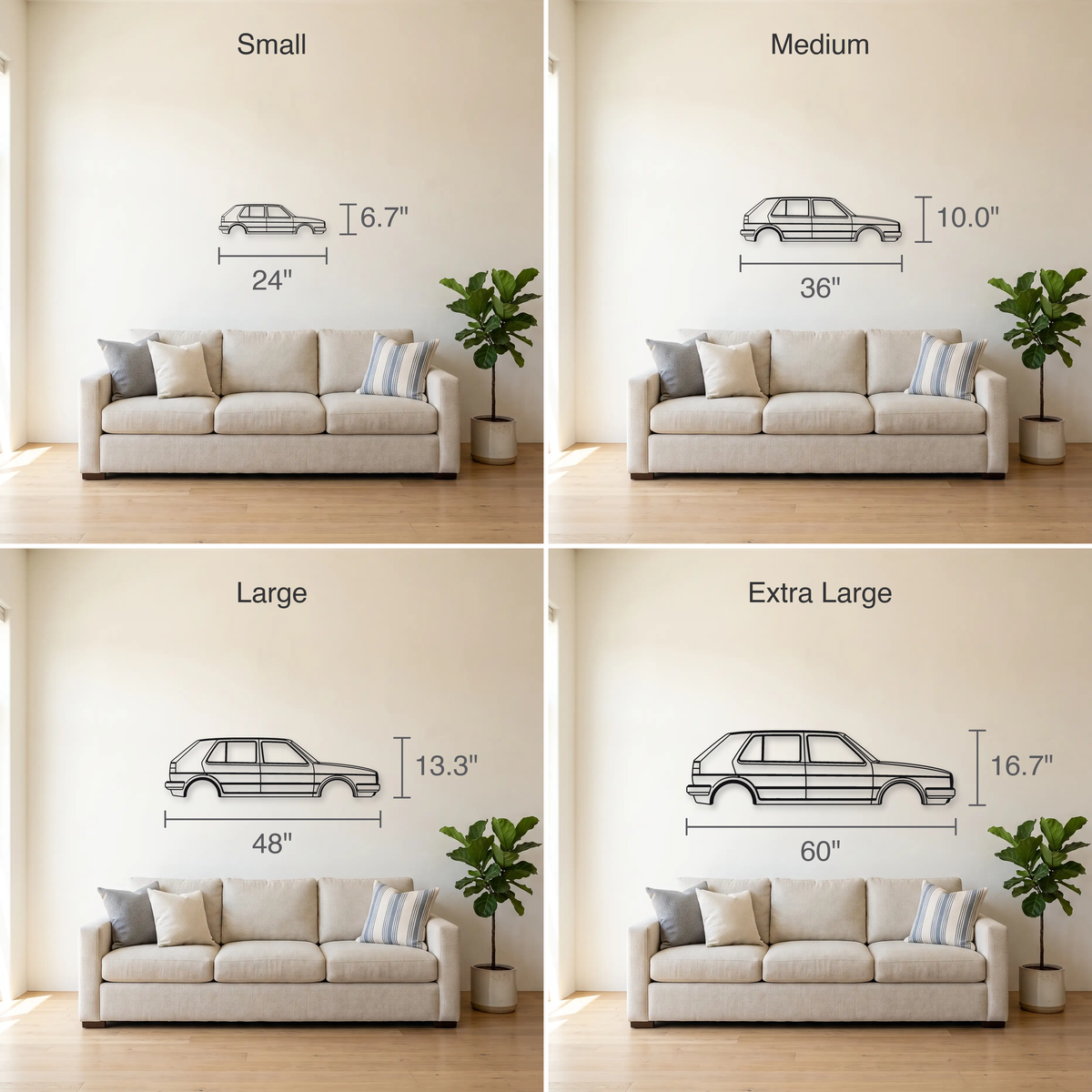 Volkswagen Golf GTI MK2 size guide — all four sizes to scale