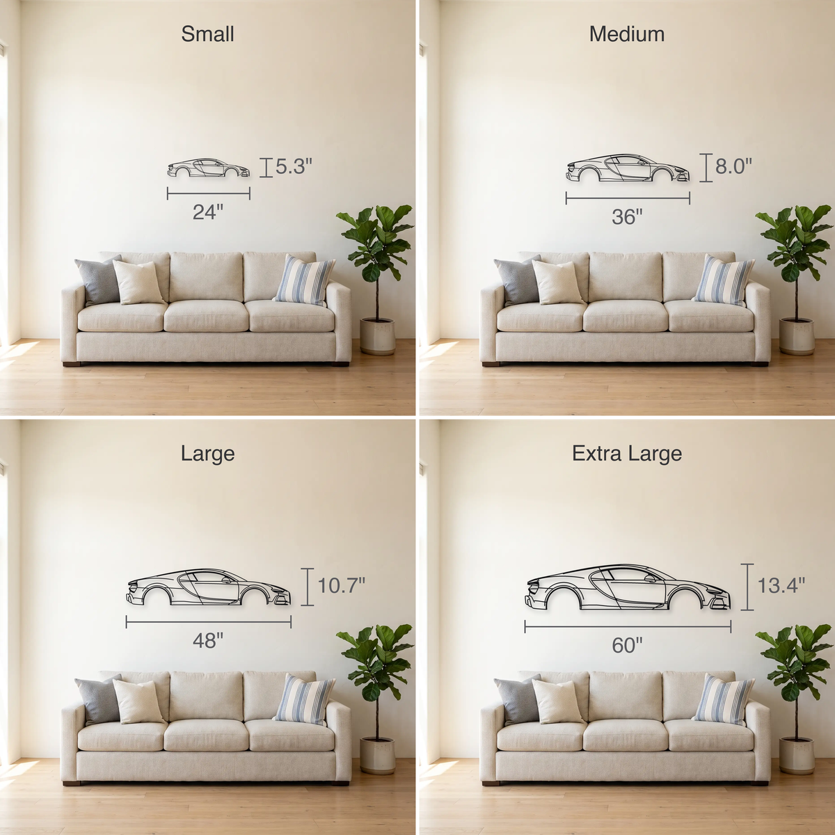 Bugatti Tourbillon size guide — all four sizes to scale