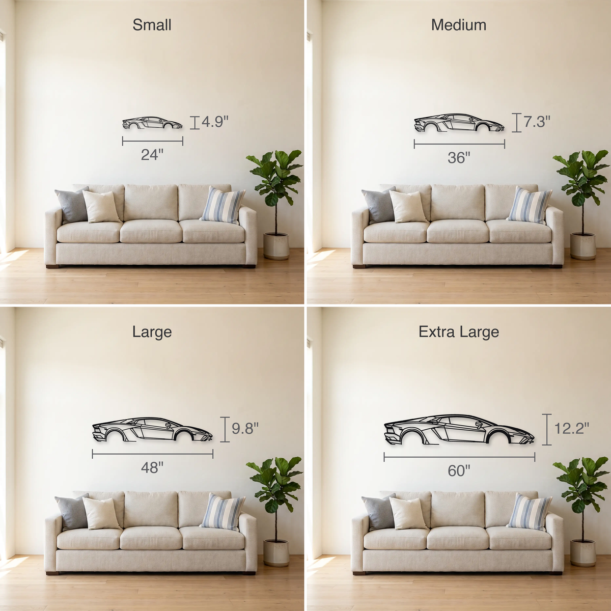 2017-19 Lamborghini Aventador S LP740-4 size guide — all four sizes to scale