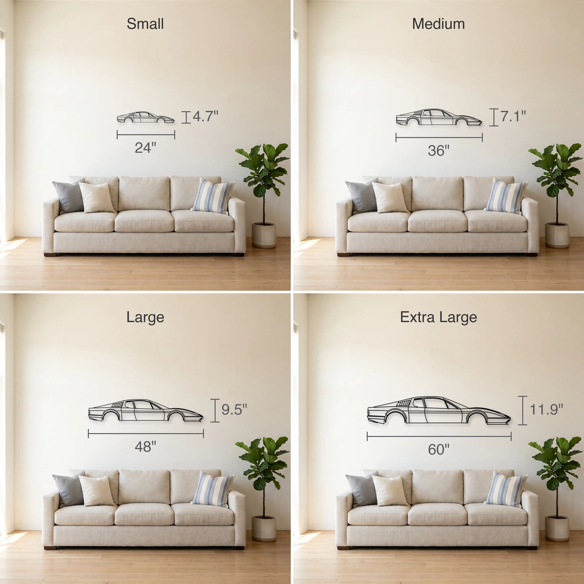 Ferrari 365 GT4 BB / 512 BB size guide — all four sizes to scale