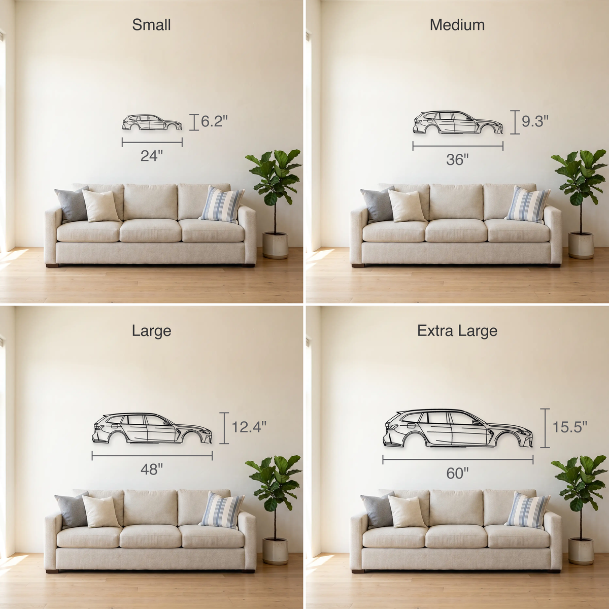 BMW M3 Touring G81 size guide — all four sizes to scale