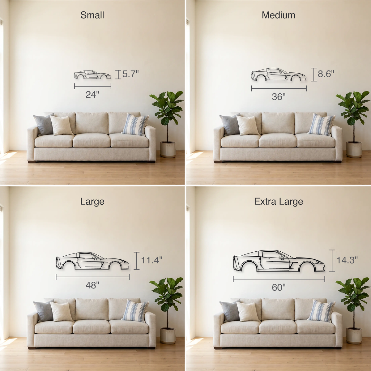 Chevrolet Corvette Z06 C6 size guide — all four sizes to scale