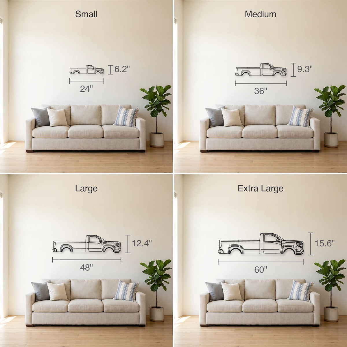 GMC Sierra T1XX size guide — all four sizes to scale