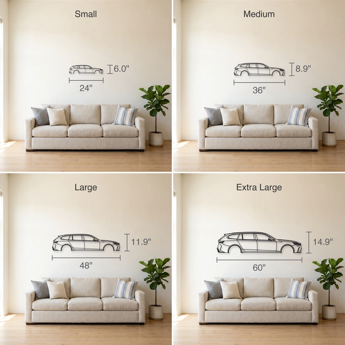 BMW M5 Touring G99 size guide — all four sizes to scale