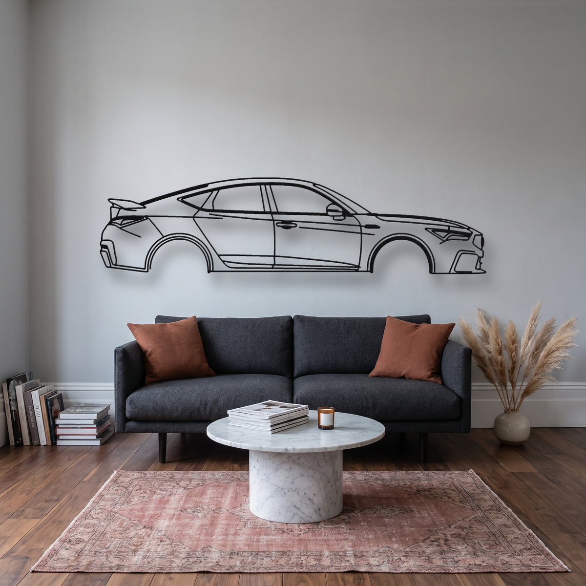 Acura Integra Type S DE5 metal wall art silhouette, front view on wall