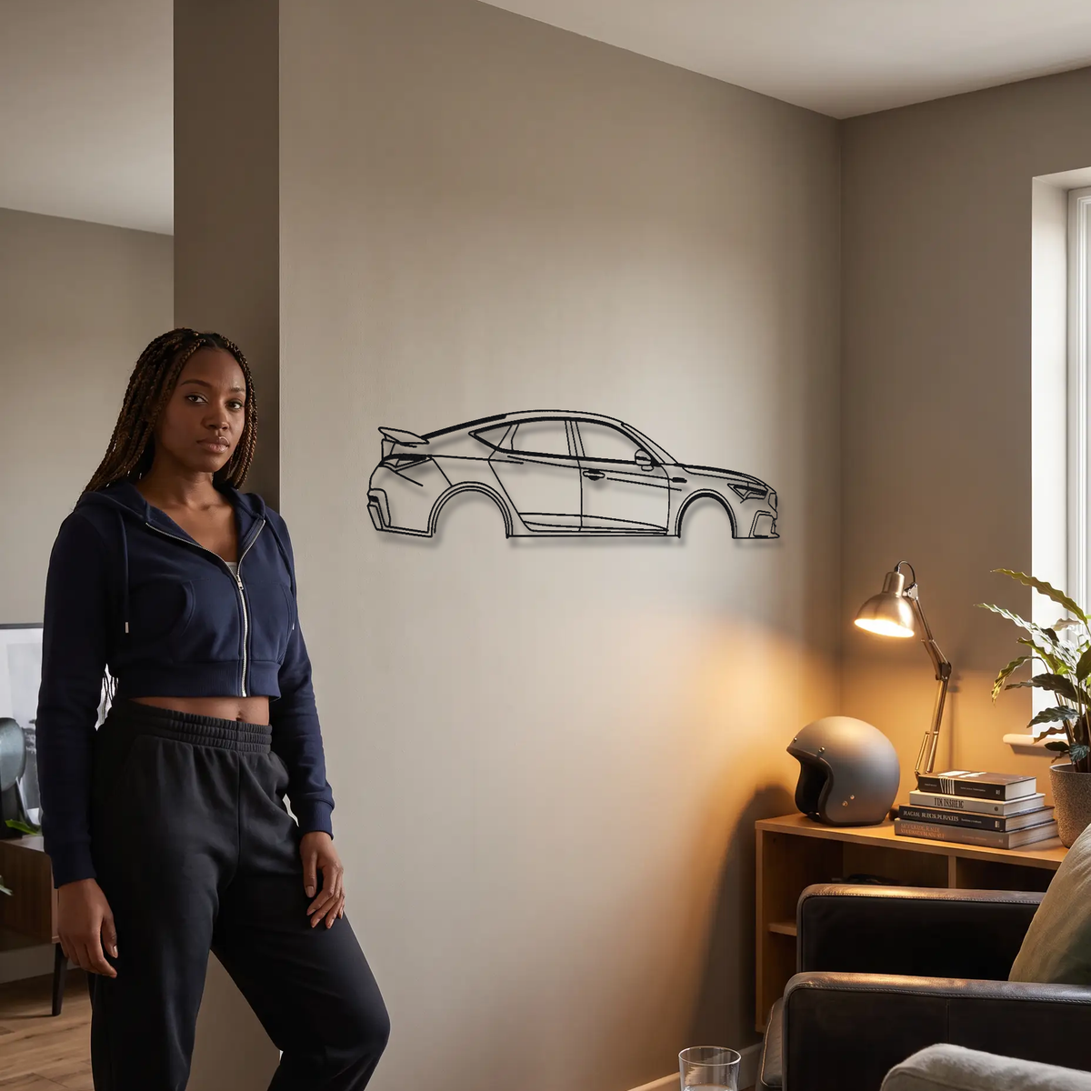 Acura Integra Type S DE5 metal wall art shown to scale beside a person