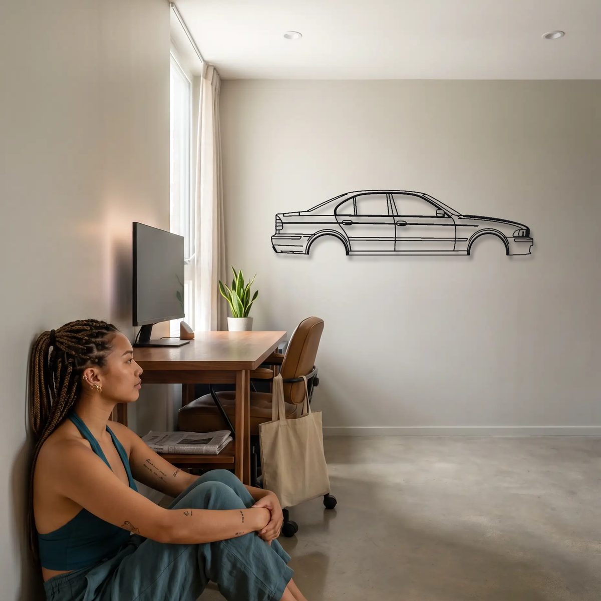 BMW M5 E39 metal wall art shown to scale beside a person