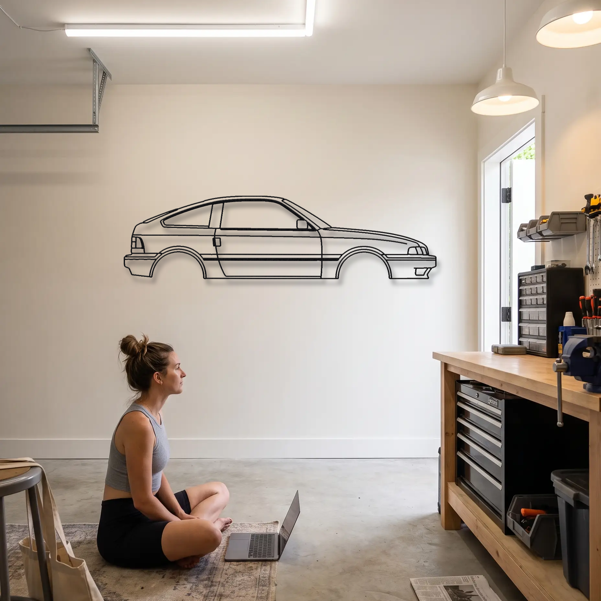 Honda CRX Si Gen 1 metal wall art shown to scale beside a person