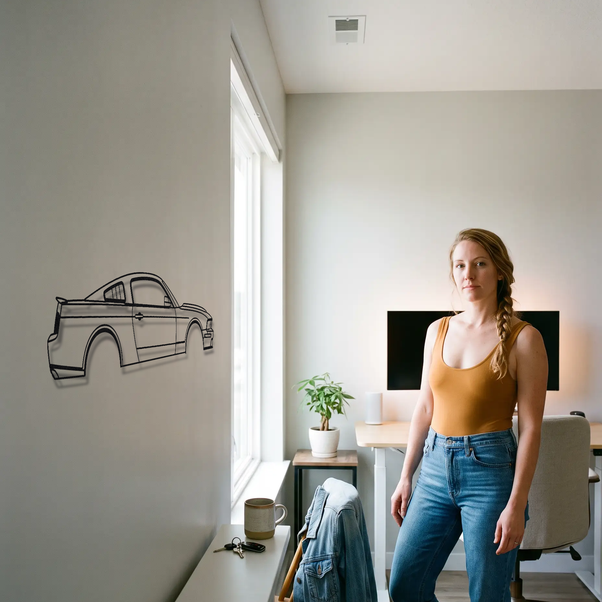 Ford Mustang Bullitt S197 metal wall art shown to scale beside a person