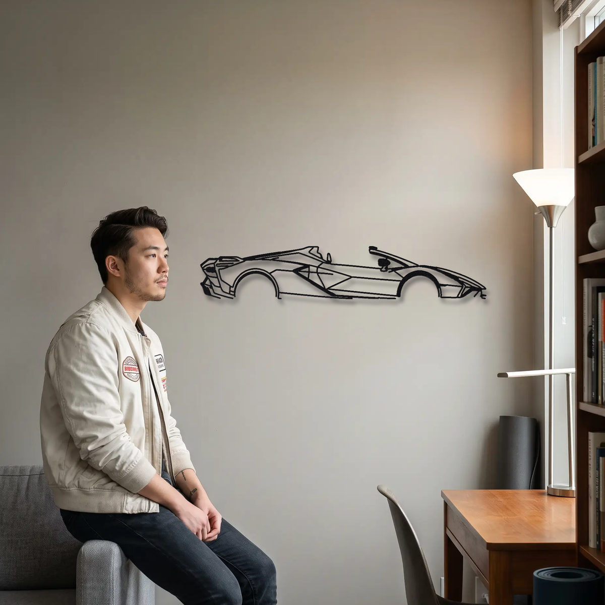 2020 Lamborghini Sian Roadster FKP 37 metal wall art shown to scale beside a person