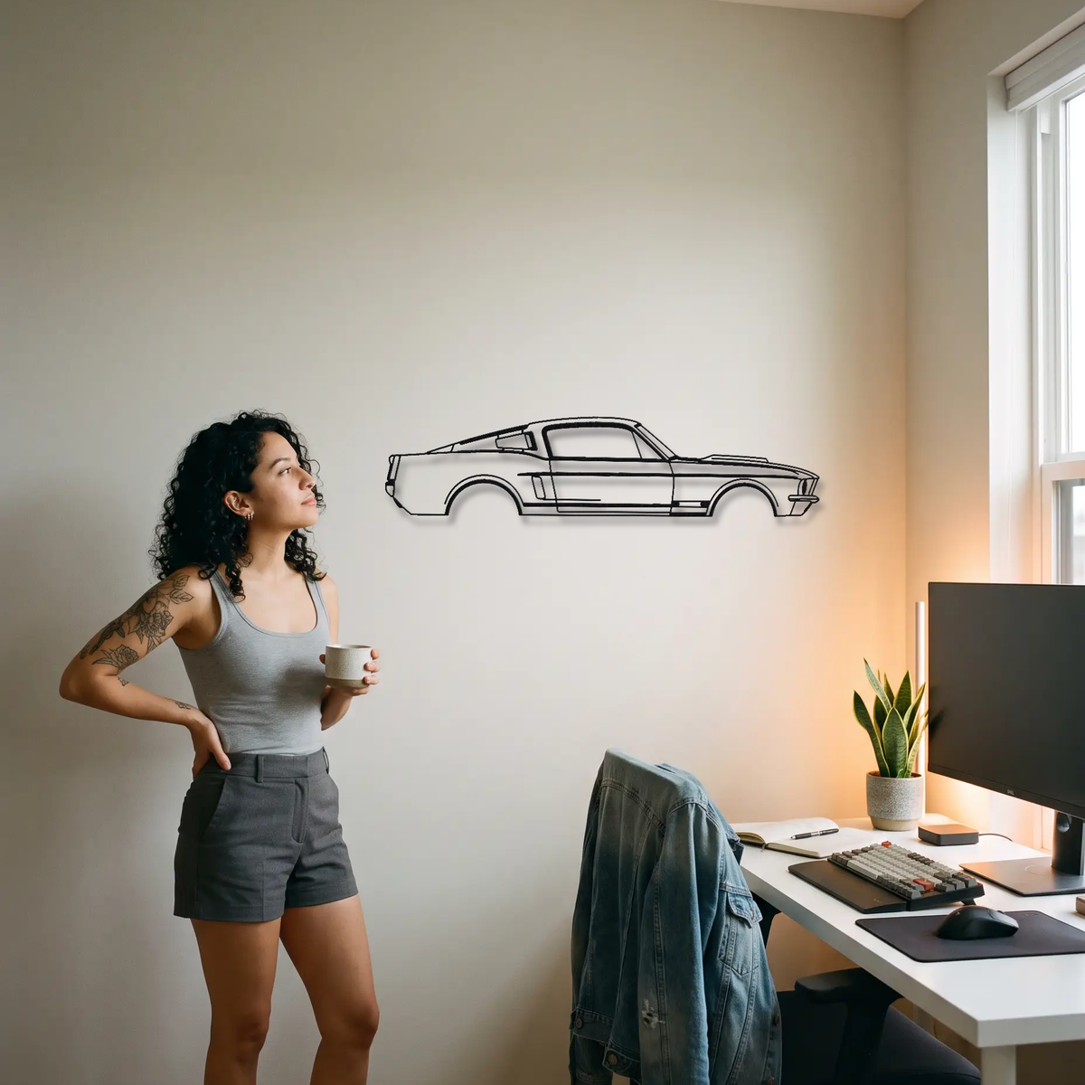 1967 Ford Shelby GT500 metal wall art shown to scale beside a person