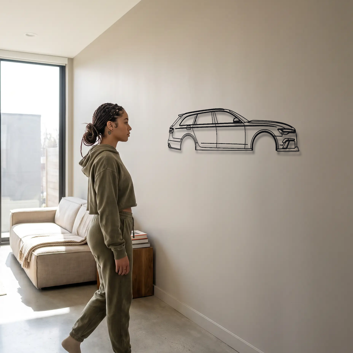 Audi RS6 Avant C7 metal wall art shown to scale beside a person