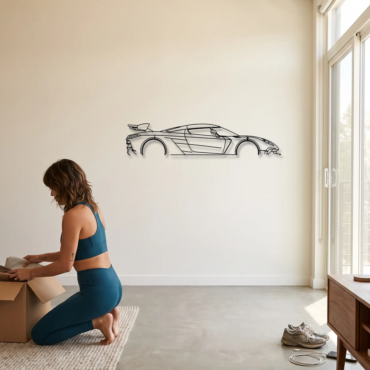 Koenigsegg Jesko Attack metal wall art shown to scale beside a person