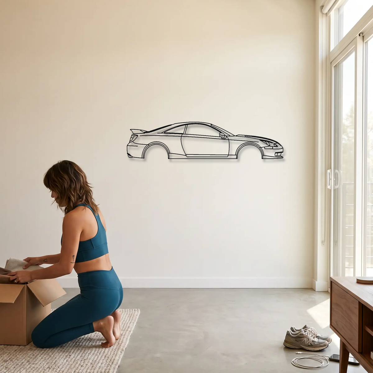 Toyota Celica T230 metal wall art shown to scale beside a person